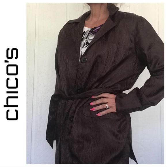 CHICOS BROWN SILK SAFARI JACKET MEDIUM - Picture 2 of 11